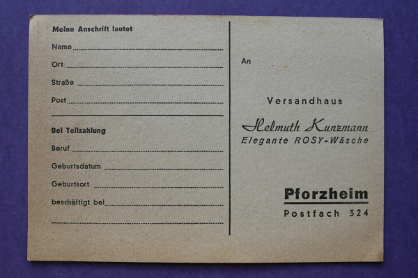 Postkarte AK Pforzheim 1950-1960 Versandhaus Helmuth Kunzmann Rosy Wäsche Bestellkarte